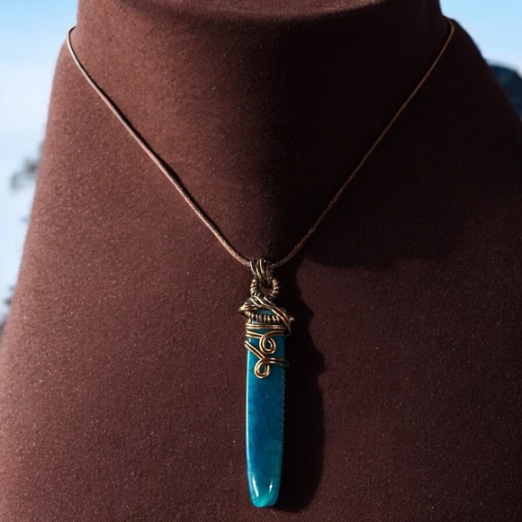 Handmade Jewelry - Blue and Gold Bohemian Necklace with Crystal Pendant